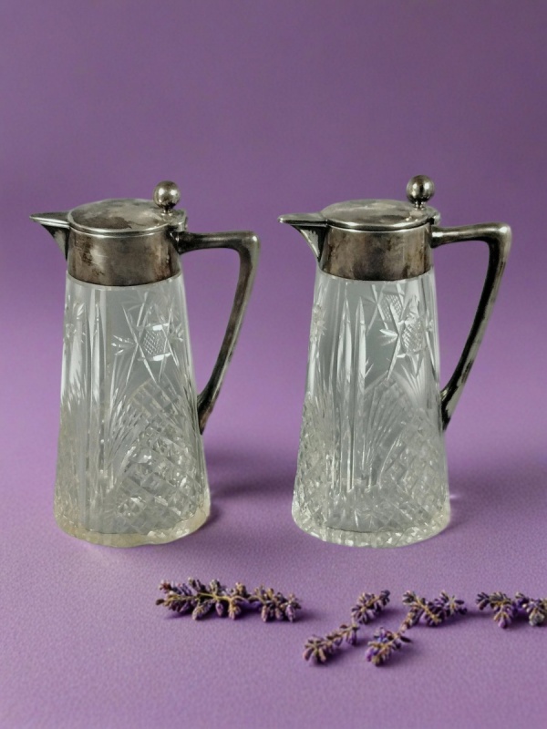 Пара графинов для вина, воды. Серебро 800 пробы, хрусталь.